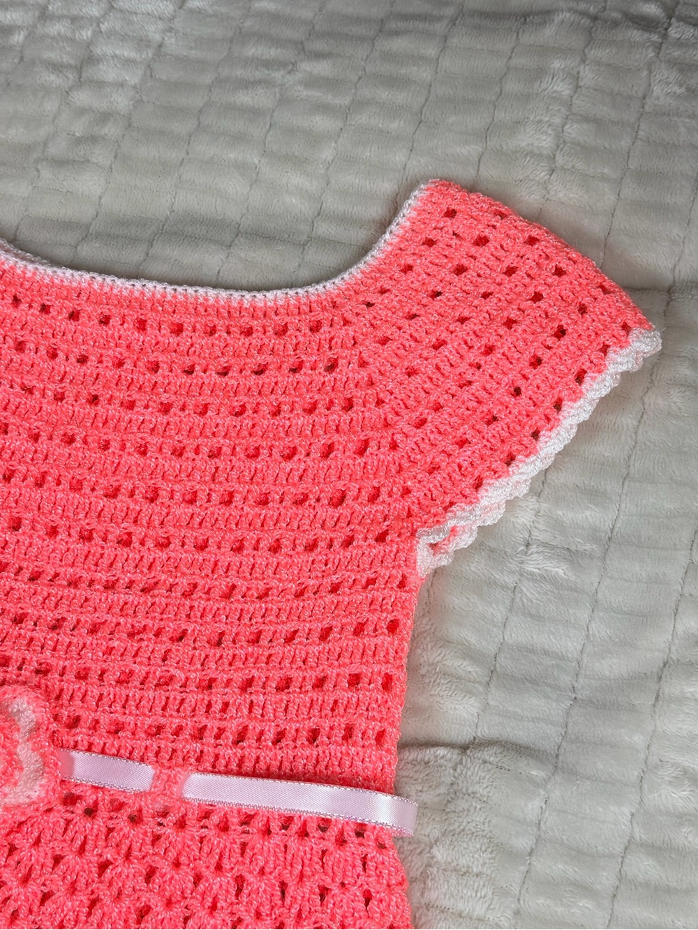 Handmade Crochet Girls Dress Pink Coral Cottagecore Heirloom Flower Ribbon - Picture 4 of 12